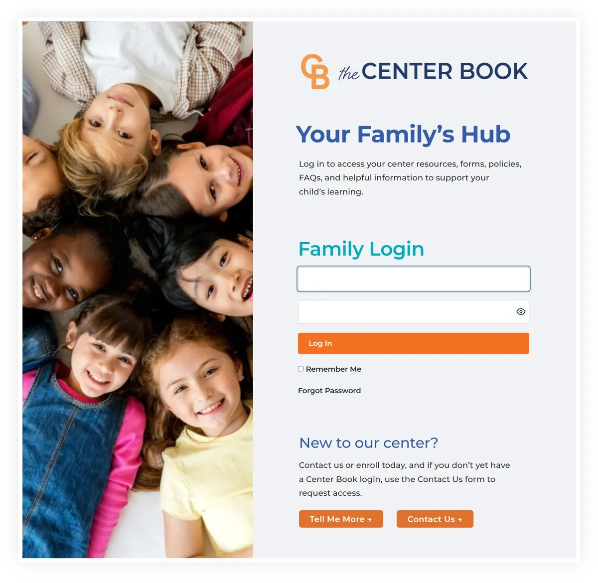 The center public page: family hub and lead form