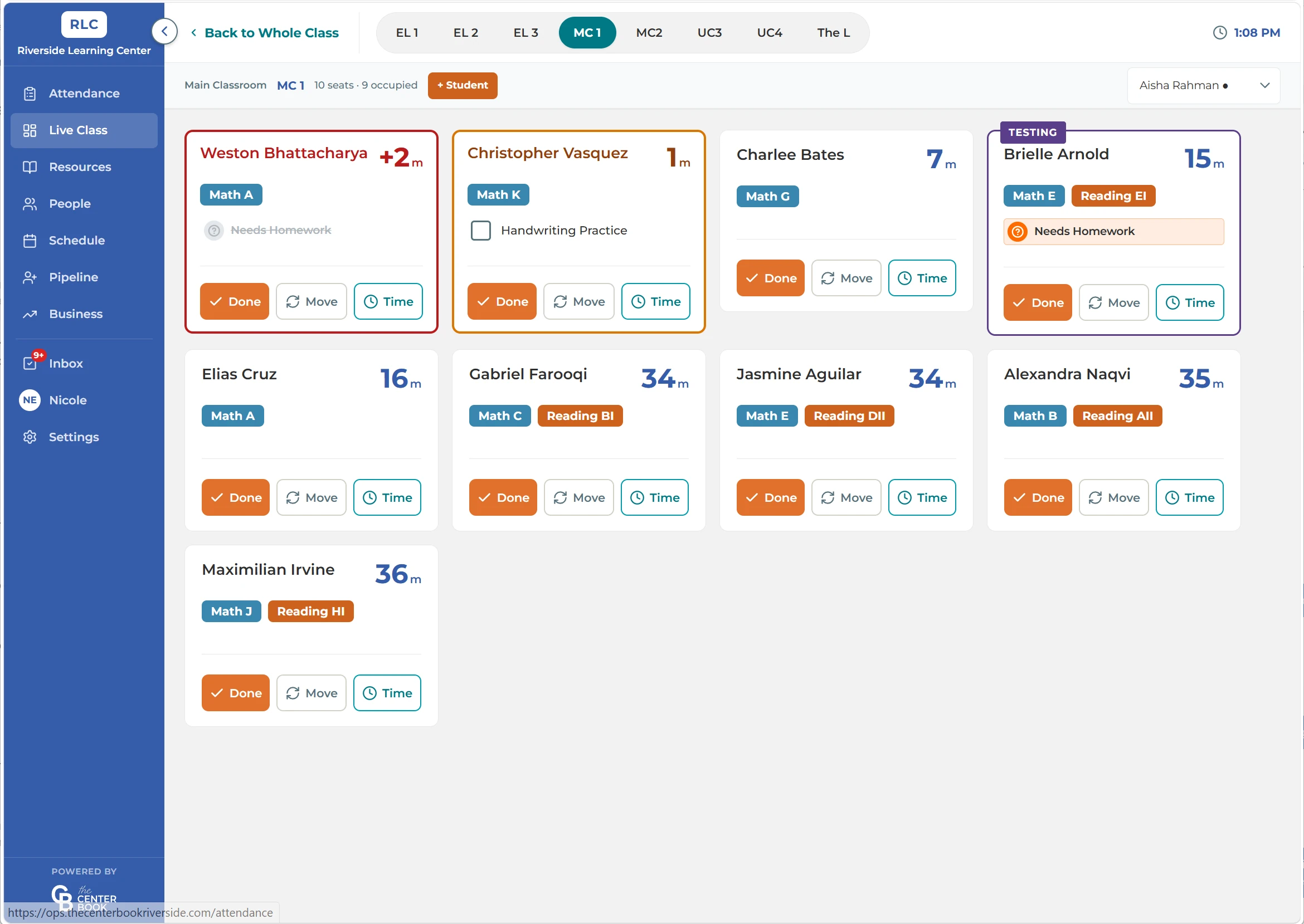 Live Class per-student session view