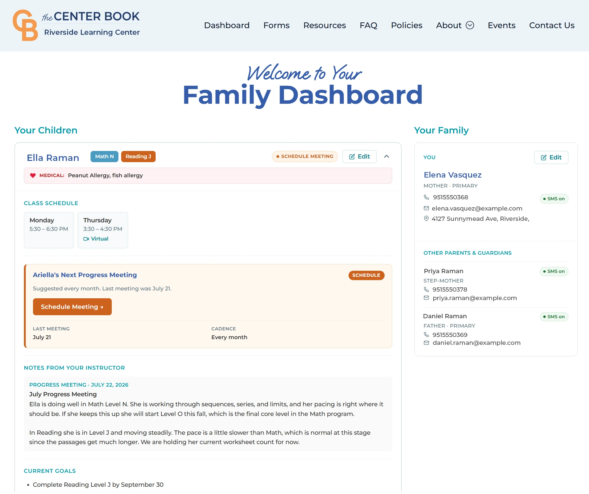 Parent portal family dashboard